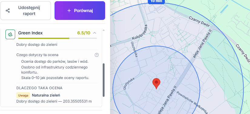 Mapa Holfox: tereny zielone i woda wokół wybranej lokalizacji, zasięg dostępu do natury